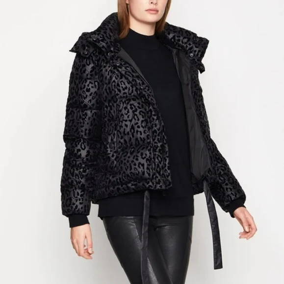 BCBG Generation Hooded Midweight Puffer Black Leopard Jacket size Small - Picture 6 of 13